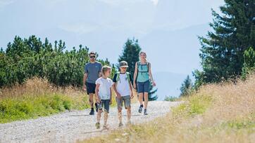 Una famiglia in escursione su un sentiero soleggiato con vista sulle montagne sullo sfondo.