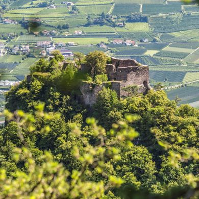 Rovine su una collina boscosa, circondate da campi verdi e paesi nella valle.