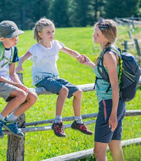 Una famiglia fa una pausa durante un'escursione e si gode il sole su un prato con recinto in legno.